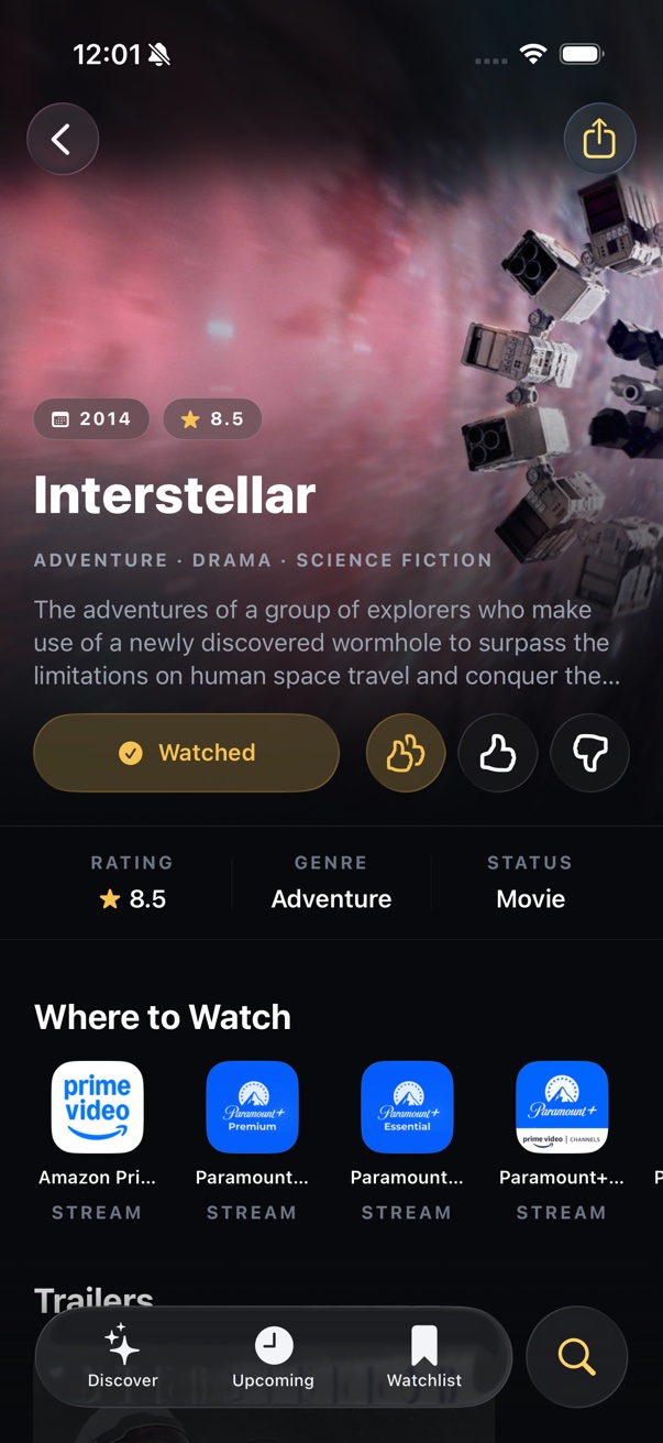 Interstellar in Watchlist with watched, love, like and dislike controls