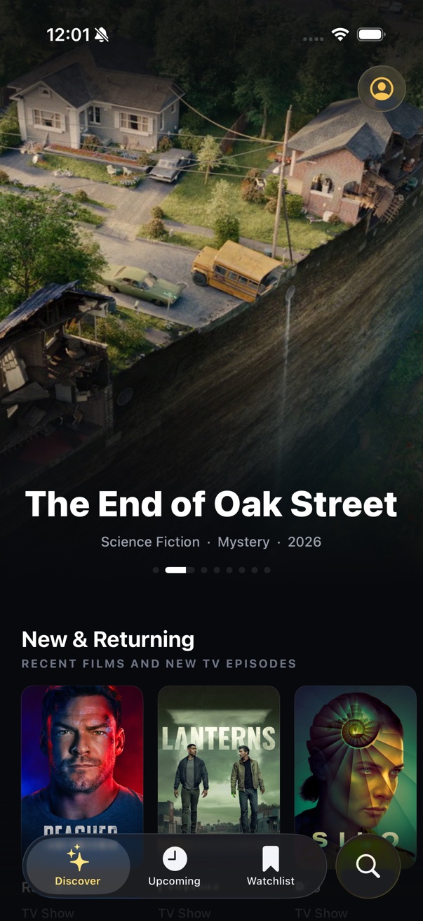 Watchlist Discover screen with movie and TV artwork and new releases
